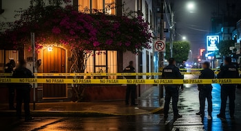 Vista nocturna de una casa en la Ciudad de México, con una cinta amarilla de "No pasar" y varios policías vestidos de azul marino en el perímetro.