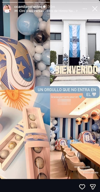 Collage de fotografías muestra la decoración de un recibimiento. Banderas argentinas, globos celestes y blancos, un cartel "BIENVENIDO", balones inflables y cajas con dulces