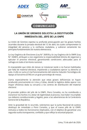 Gremios empresariales piden la inmediata destitución de Piero Corvetto. (Foto: ADEX)