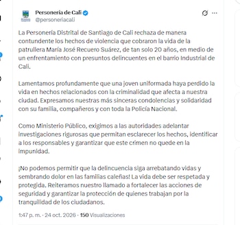 La Personería de Cali lamentó la muerte de la patrullera María José Recuero Suárez - crédito @personeriacali/X