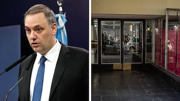 Un díptico muestra a Manuel Adorni en un atril y la fachada de un edificio con puertas de vidrio que reflejan coches