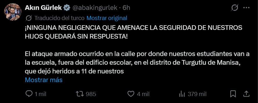 Una publicación de Akın Gürlek informa sobre un ataque armado fuera de una escuela en el distrito de Turgutlu, Manisa, que causó heridas a once personas. (X)