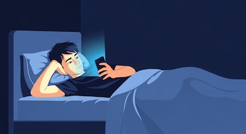 Ilustración de un adolescente de cabello oscuro, vestido con una camiseta negra, acostado en una cama azul oscuro, mirando un celular cuya luz azul ilumina su cara. La habitación es azul marino.