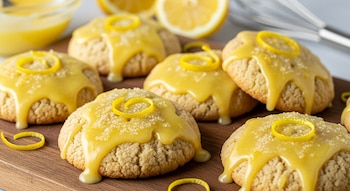 Primer plano de galletitas doradas con glasé amarillo brillante de limón y ralladura en espiral, sobre una tabla de madera oscura.