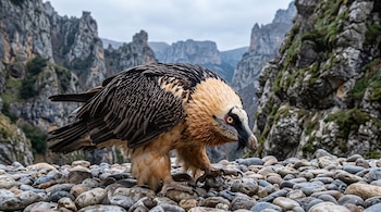 Un quebrantahuesos permanece erguido sobre piedras pequeñas con un cañón montañoso al fondo.