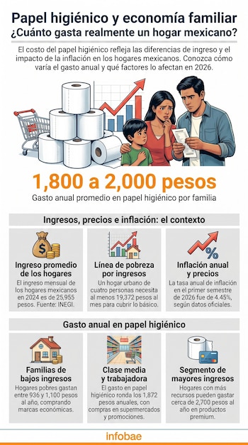 Infografía muestra una pila de rollos de papel higiénico, un carrito de compras, un gráfico ascendente y una familia preocupada examinando un recibo.