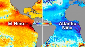 Un mapa global muestra El Niño en el Pacífico con anomalías cálidas y Atlantic Niña en el Atlántico con anomalías frías, incluyendo una leyenda de colores.