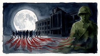 Ilustración acuarela de luna llena, campus universitario, estudiantes corriendo, sombras rojas, soldado con casco y uniforme.