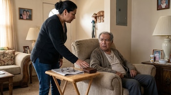Una mujer latina de pie junto a un sillón donde un hombre latino mayor está sentado. Ella extiende su mano hacia una billetera en una mesa lateral.
