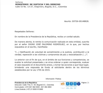 El documento fechado el 17 de septiembre indica que la Fiscalía General de la Nación y el Ministerio de Justicia son las entidades facultadas para estudiar el caso - crédito suministrado a Infobae