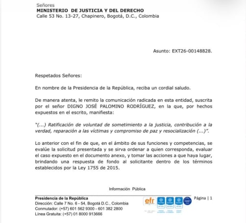 El documento fechado el 17 de septiembre indica que la Fiscalía General de la Nación y el Ministerio de Justicia son las entidades facultadas para estudiar el caso - crédito suministrado a Infobae