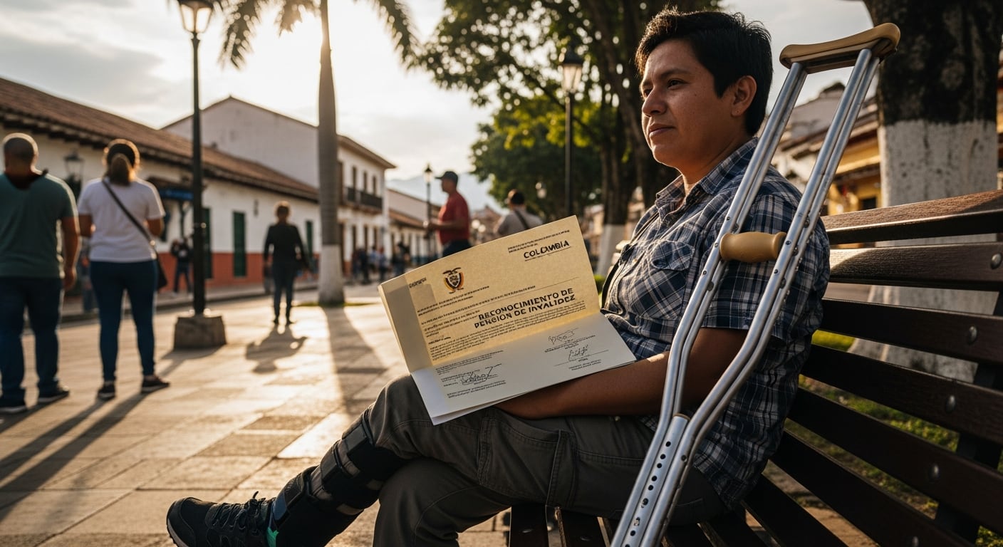 Un joven colombiano con una pierna vendada y una muleta a su lado sostiene con orgullo su documento de reconocimiento de pensión por invalidez en un parque soleado de Colombia. (Imagen Ilustrativa Infobae)