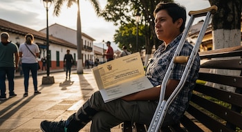 Joven sentado en banco de madera con muleta y pierna vendada, sosteniendo un documento de 'Reconocimiento de Pensión de Invalidez' en un parque soleado.