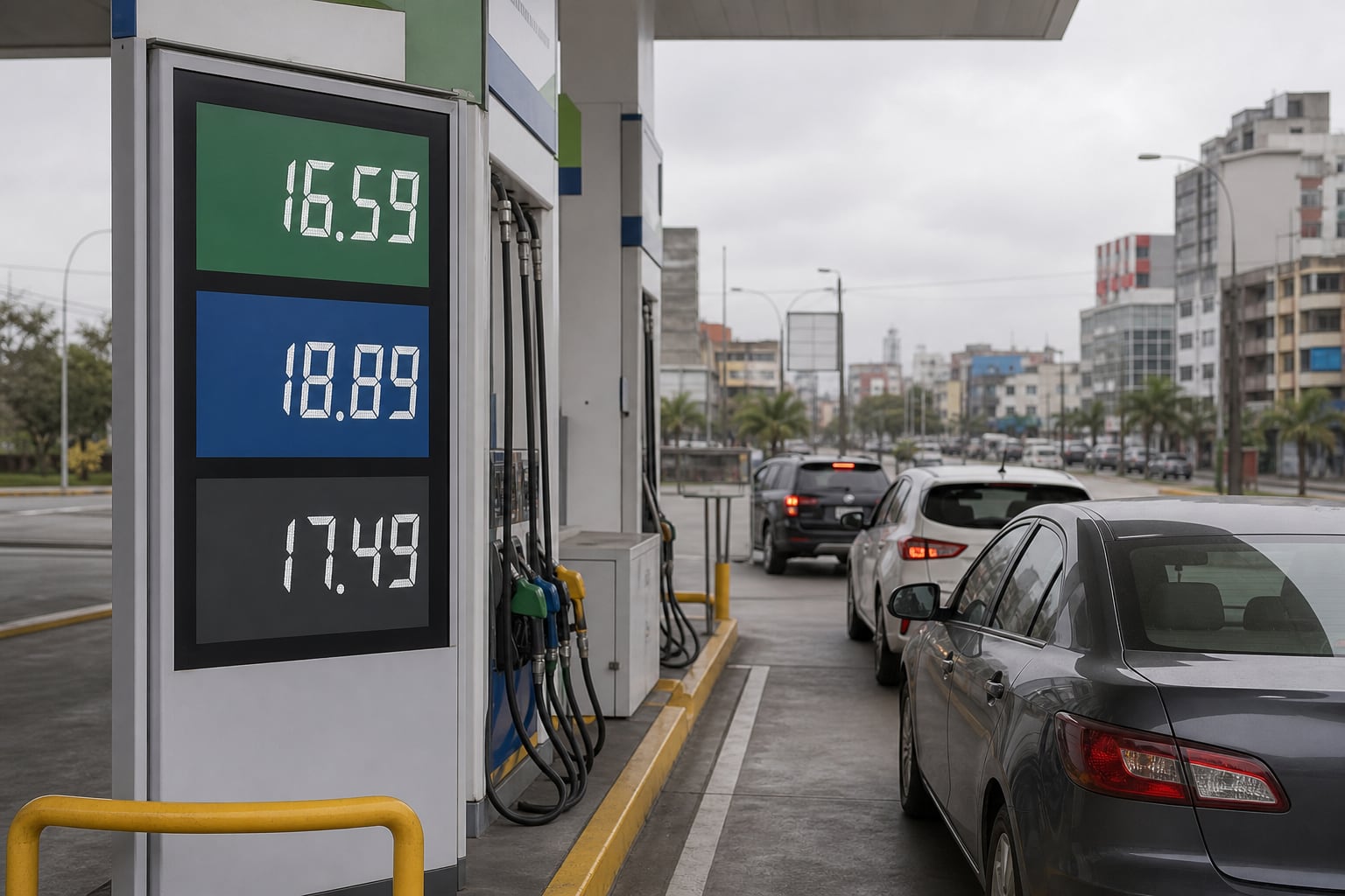 Una estación de servicio en Lima exhibe en pantallas digitales los precios de los combustibles mientras varios automóviles esperan en fila. (Imagen Ilustrativa Infobae)