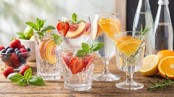 Vasos con agua mineral, frutas en rodajas (durazno, fresa, naranja, limón) y hierbas (menta, albahaca, romero). Tazón de bayas. Frutas enteras, botellas.