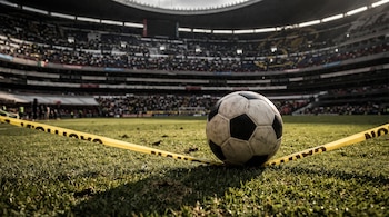 Un balón de fútbol blanco y negro sobre el césped de un estadio, con una cinta amarilla de precaución en primer plano y tribunas al fondo.