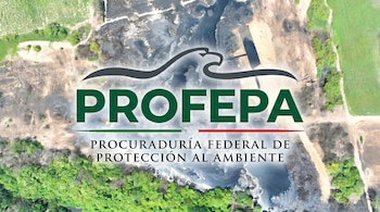 Vista aérea de un terreno con vegetación verde y zonas de suelo oscuro y alterado. Se superpone el logo y nombre de PROFEPA, Procuraduría Federal de Protección al Ambiente.