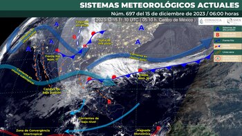 Gráfico de los sistemas meteorológicos que afectarán el clima en México este viernes 15 de diciembre