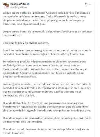 El expresidente de la República definió el terrorismo como la producción de miedo sobre una sociedad mediante métodos violentos - crédito @petrogustavo/X