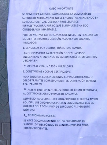 Cierran comisaría de Surquillo por ser declarada “inhabitable”. (Foto: Exitosa)