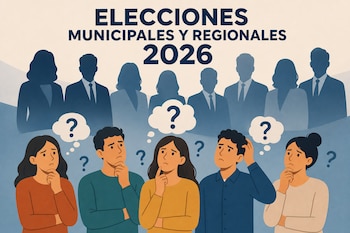Ilustración con el texto Elecciones Municipales y Regionales 2026, cinco personas con signos de interrogación y siluetas de candidatos al fondo.
