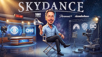 Caricatura de un hombre en silla de director con un megáfono, situado entre un estudio de televisión, un set de cine y varios logotipos.