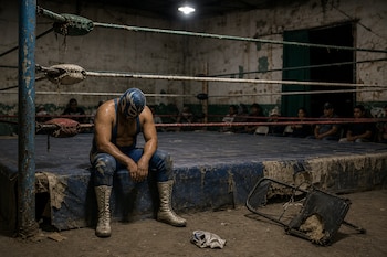 Un luchador con máscara azul permanece sentado en la orilla de un ring desgastado con cuerdas gastadas y una silla rota sobre el suelo.