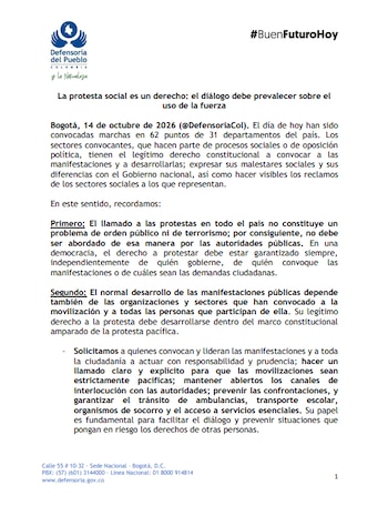 Comunicado de prensa oficial en hoja blanca con el logotipo de la Defensoría del Pueblo de Colombia y un texto sobre la protesta social