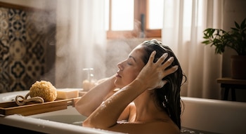 Vista de perfil de una mujer con los ojos cerrados, lavándose el cabello con champú espumoso en una bañera, con vapor ascendiendo. Hay una esponja y jabón en una bandeja de madera.