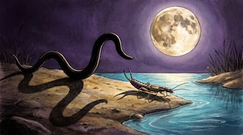 Una tijereta sobre la orilla de un estanque bajo la luna llena, con una sombra ondulada en forma de gusano sobre el suelo.