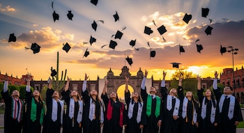 Un grupo de estudiantes graduados mexicanos lanza sus birretes negros al aire al atardecer, con un edificio clásico y un cactus al fondo.