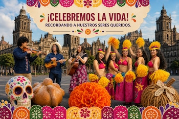 Músicos con instrumentos y bailarinas posan junto a una calavera decorada, un pan de muerto y una flor frente a la Catedral Metropolitana.