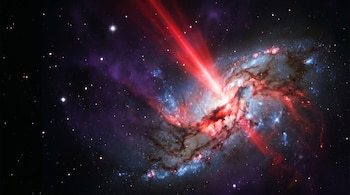 Dos galaxias en fusión con un haz rojo brillante al centro. Filamentos, nubes de polvo, regiones estelares azules y rojas, estrellas dispersas y neblina violeta.