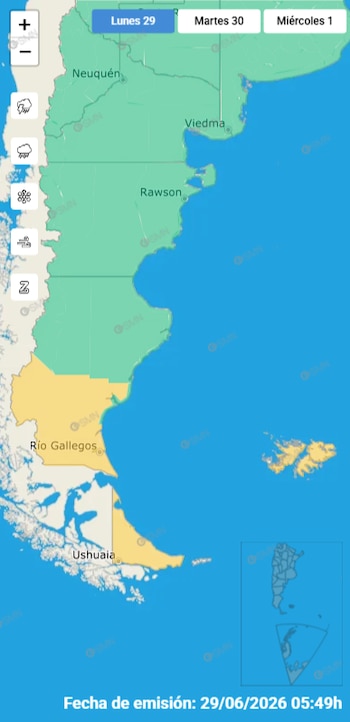Mapa meteorológico de Argentina con áreas coloreadas en verde y amarillo. Muestra Río Gallegos, Ushuaia, Neuquén. Fecha de emisión 29/06/2026