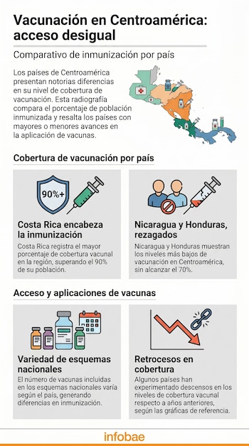 Infografía sobre vacunación en Centroamérica. Muestra un mapa regional con iconos de jeringas y botellas, y cuatro paneles con gráficos e iconos que ilustran datos de inmunización.
