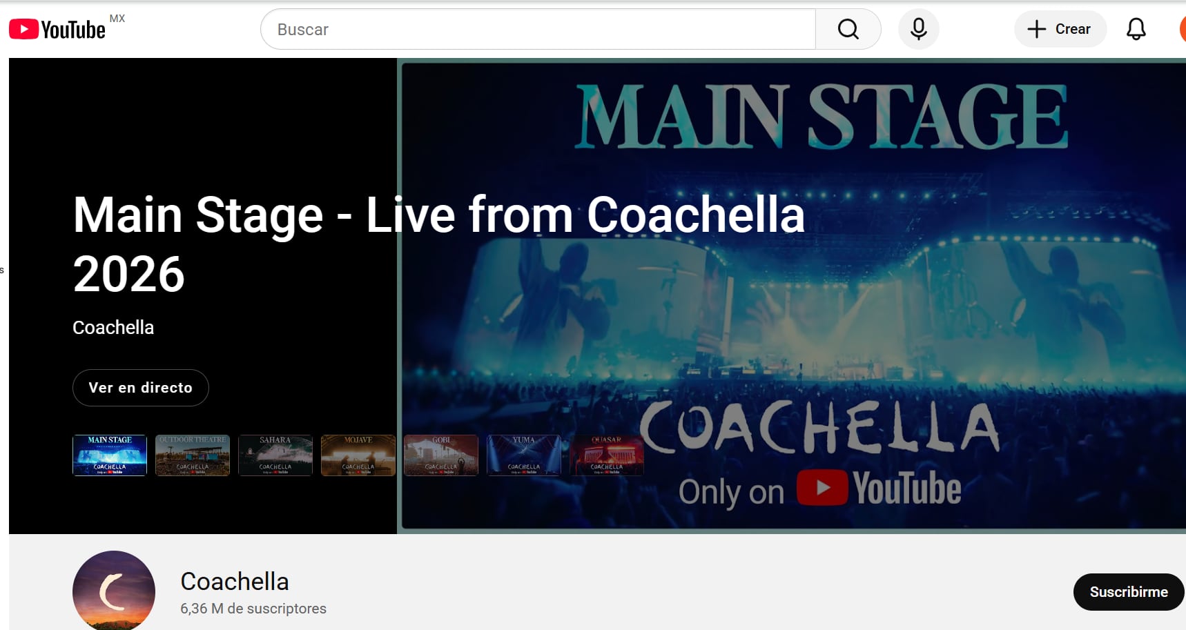 La transmisión gratuita de Coachella 2026 desde México estará disponible en vivo a través del canal oficial de YouTube. (Captura de pantalla)