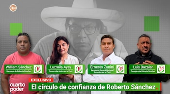 Gráfico con silueta de Roberto Sánchez en gris de fondo y cuatro personas al frente, con sus nombres y roles identificados en barras verdes. Texto 'Cuarto Poder' visible.