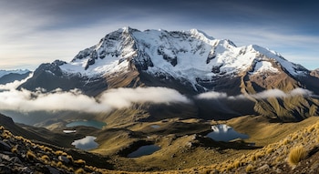 Vista aérea de una montaña nevada con picos afilados, rodeada de nubes bajas y valles verdes con múltiples lagunas alpinas bajo un cielo azul parcial.