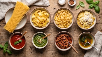 Ocho cuencos sobre madera con espaguetis, pappardelle, conchiglie, ravioles y cuatro salsas, acompañados de hojas de albahaca y sal.