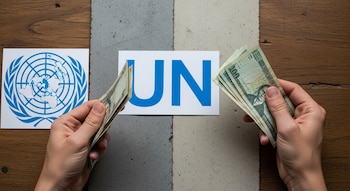 Plano cerrado de dos manos sosteniendo fajos de billetes, con el logo azul de la ONU y las letras "UN" en el centro sobre una mesa rústica.