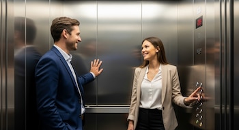 Un hombre en traje azul y una mujer en chaqueta beige conversan sonrientes dentro de un ascensor metálico. La mujer presiona un botón del panel.