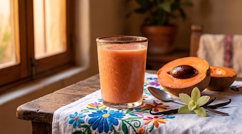 Un vaso con batido anaranjado, medio mamey con hueso, una flor de vainilla, una cuchara y un mantel bordado sobre una mesa de madera.