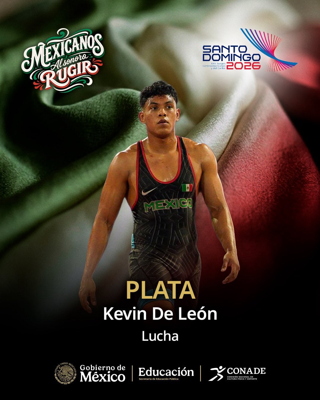 El luchador mexicano Kevin De León exhibe su medalla de plata en un diseño gráfico que promociona los Juegos Centroamericanos y del Caribe Santo Domingo 2026. (X / CONADE)