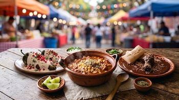 Platos de comida mexicana con chiles en nogada, pozole, mole y tamales sobre una mesa de madera con un mercado al fondo.