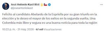 José Antonio Kast resaltó avance de Abelardo de la Espriella tras elecciones del 31 de mayo - crédito @joseantoniokast/X