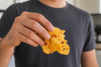 Mano de una persona con camiseta gris que sostiene varias papas fritas onduladas sazonadas.