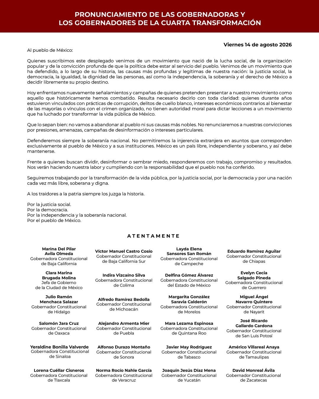 Comunicado respaldando a 'Andy' López Beltrán.
Crédito: Morena