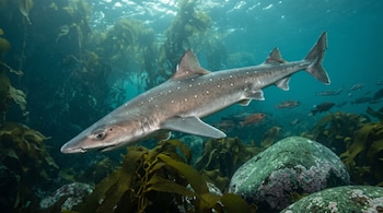 Un tiburón gris con puntos blancos nada cerca de grandes piedras y algas en el fondo del agua.
