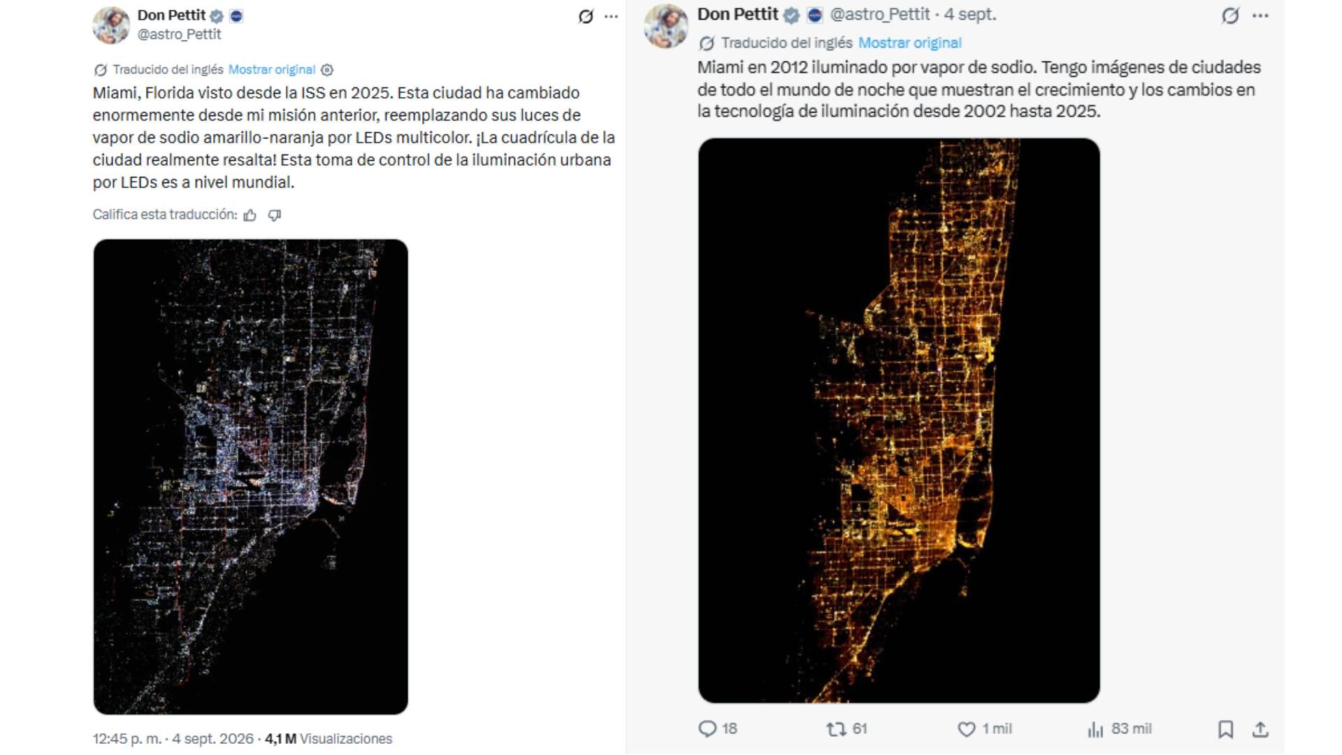 Don Pettit afirmó que el avance de la iluminación urbana con LED se registra a nivel mundial en sus archivos de ciudades entre 2002 y 2025.