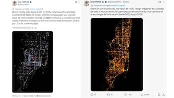Capturas de pantalla de dos publicaciones en redes sociales con fotografías nocturnas de la ciudad de Miami tomadas desde el espacio